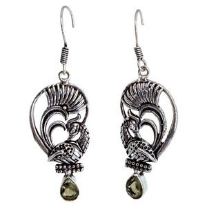 Vintage Silver Tone Peacock Dangle Drop Earrings 2"  Green Rhinestone